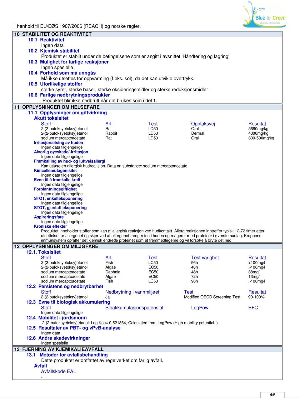 6 Farlige nedbrytningsprodukter Produktet blir ikke nedbrutt når det brukes som i del 1. 11 OPPLYSNINGER OM HELSEFARE 11.