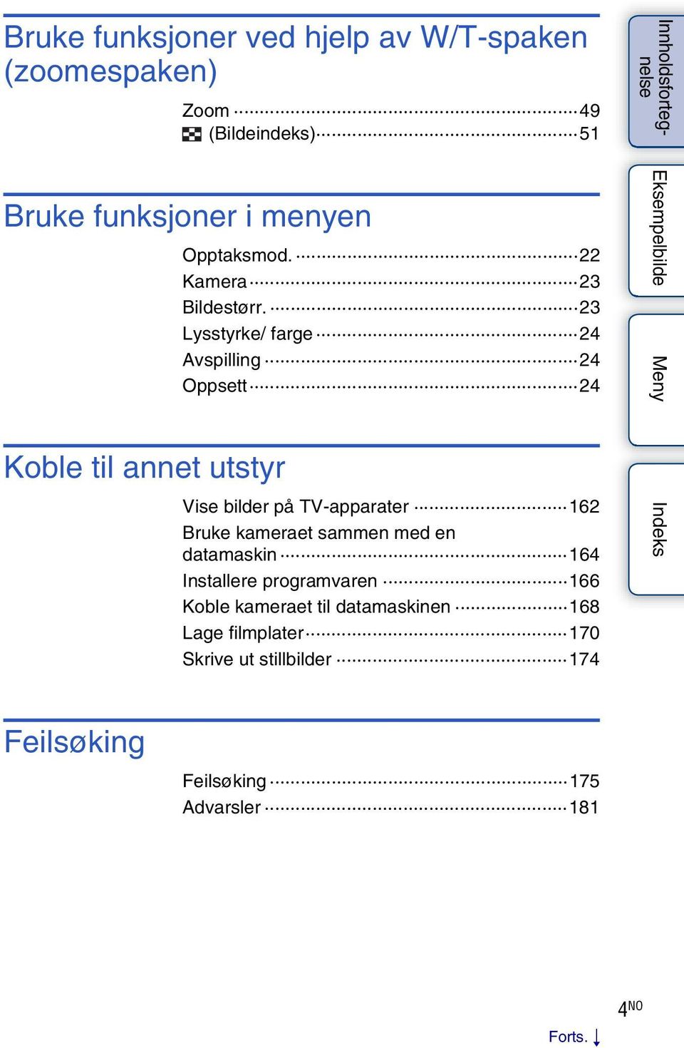 23 Lysstyrke/ farge 24 Avspilling 24 Oppsett 24 Vise bilder på TV-apparater 162 Bruke kameraet sammen med en