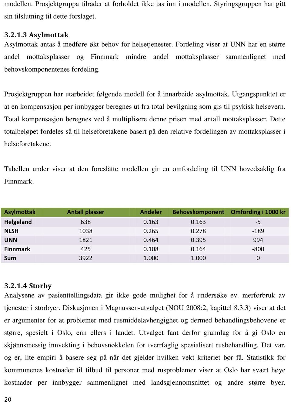 Fordeling viser at UNN har en større andel mottaksplasser og Finnmark mindre andel mottaksplasser sammenlignet med behovskomponentenes fordeling.
