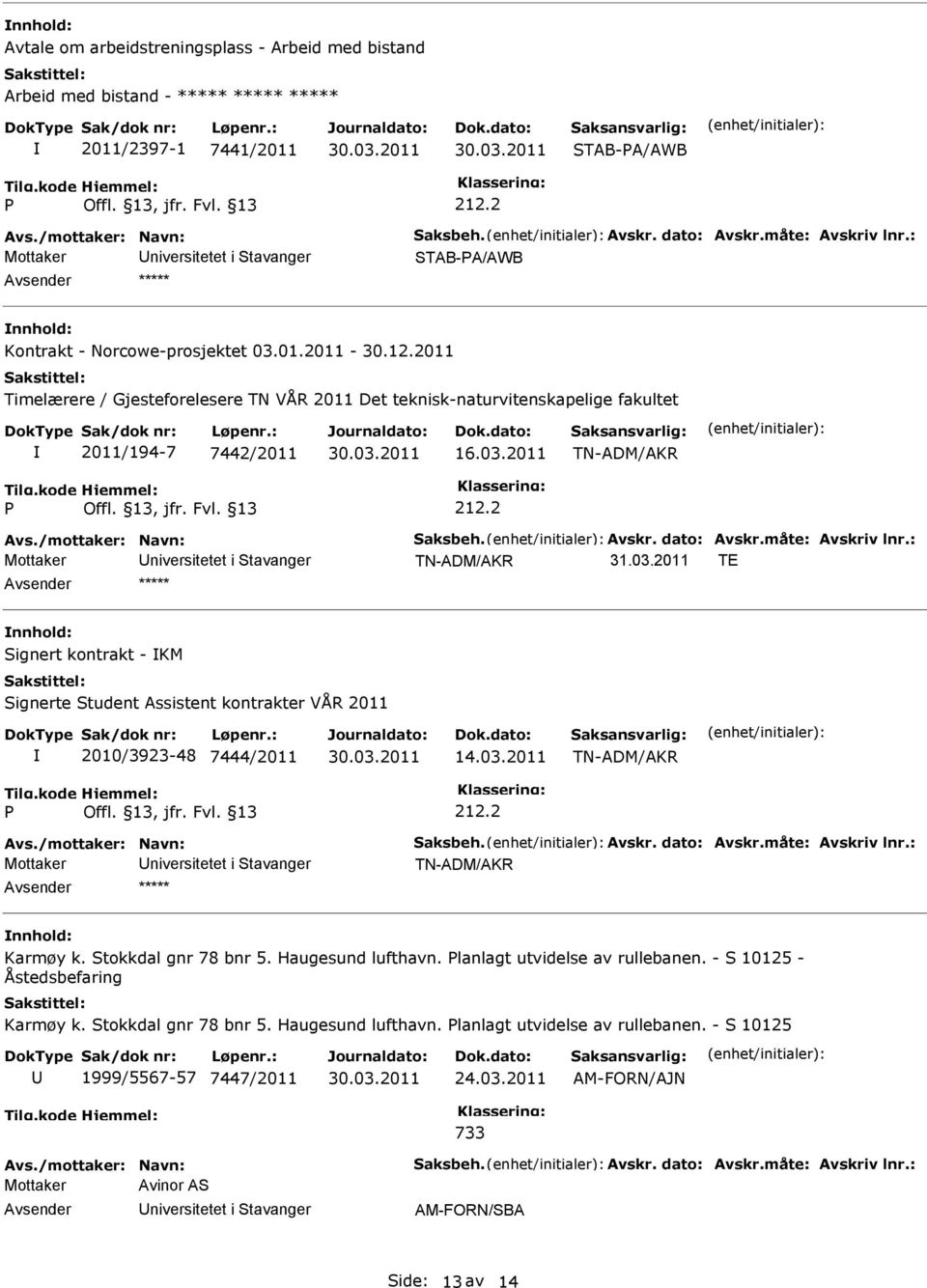 2 TN-ADM/AKR 31.03.2011 TE Signert kontrakt - KM Signerte Student Assistent kontrakter VÅR 2011 2010/3923-48 7444/2011 14.03.2011 TN-ADM/AKR 212.2 TN-ADM/AKR Karmøy k. Stokkdal gnr 78 bnr 5.