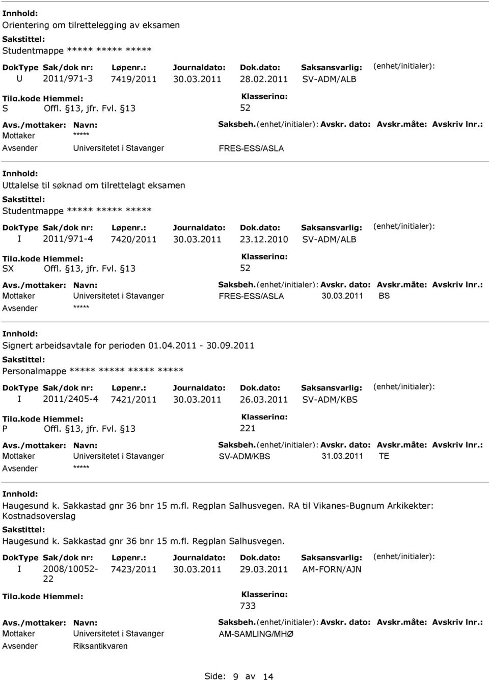 2010 SV-ADM/ALB S 52 FRES-ESS/ASLA BS Signert arbeidsavtale for perioden 01.04.2011-30.09.2011 ersonalmappe ***** ***** ***** ***** 2011/2405-4 7421/2011 26.03.