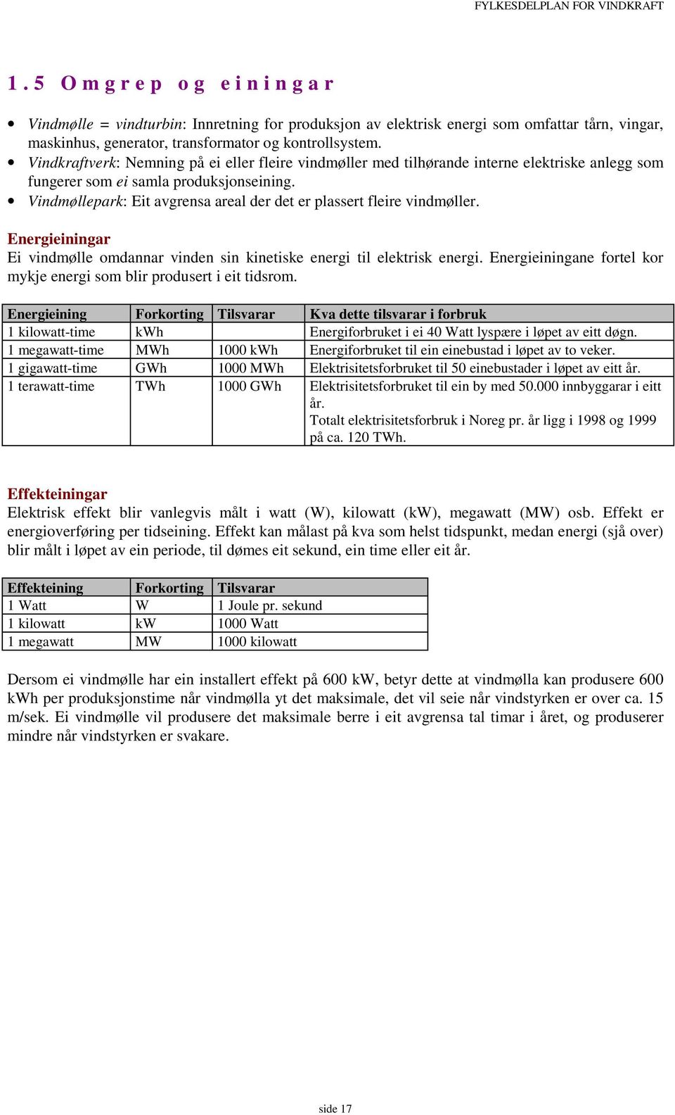 Vindmøllepark: Eit avgrensa areal der det er plassert fleire vindmøller. Energieiningar Ei vindmølle omdannar vinden sin kinetiske energi til elektrisk energi.