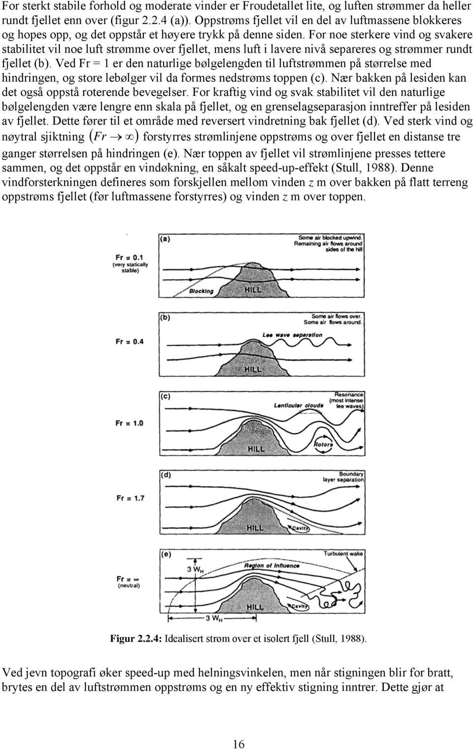 For noe sterkere vind og svakere stabilitet vil noe luft strømme over fjellet, mens luft i lavere nivå separeres og strømmer rundt fjellet (b).