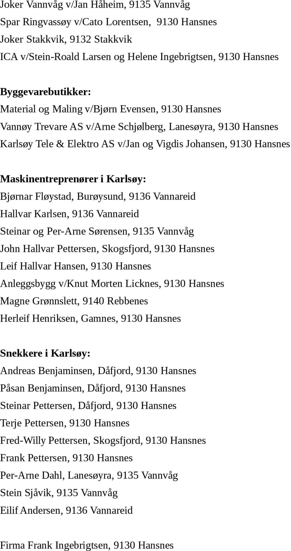 Karlsøy: Bjørnar Fløystad, Burøysund, 9136 Vannareid Hallvar Karlsen, 9136 Vannareid Steinar og Per-Arne Sørensen, 9135 Vannvåg John Hallvar Pettersen, Skogsfjord, 9130 Hansnes Leif Hallvar Hansen,