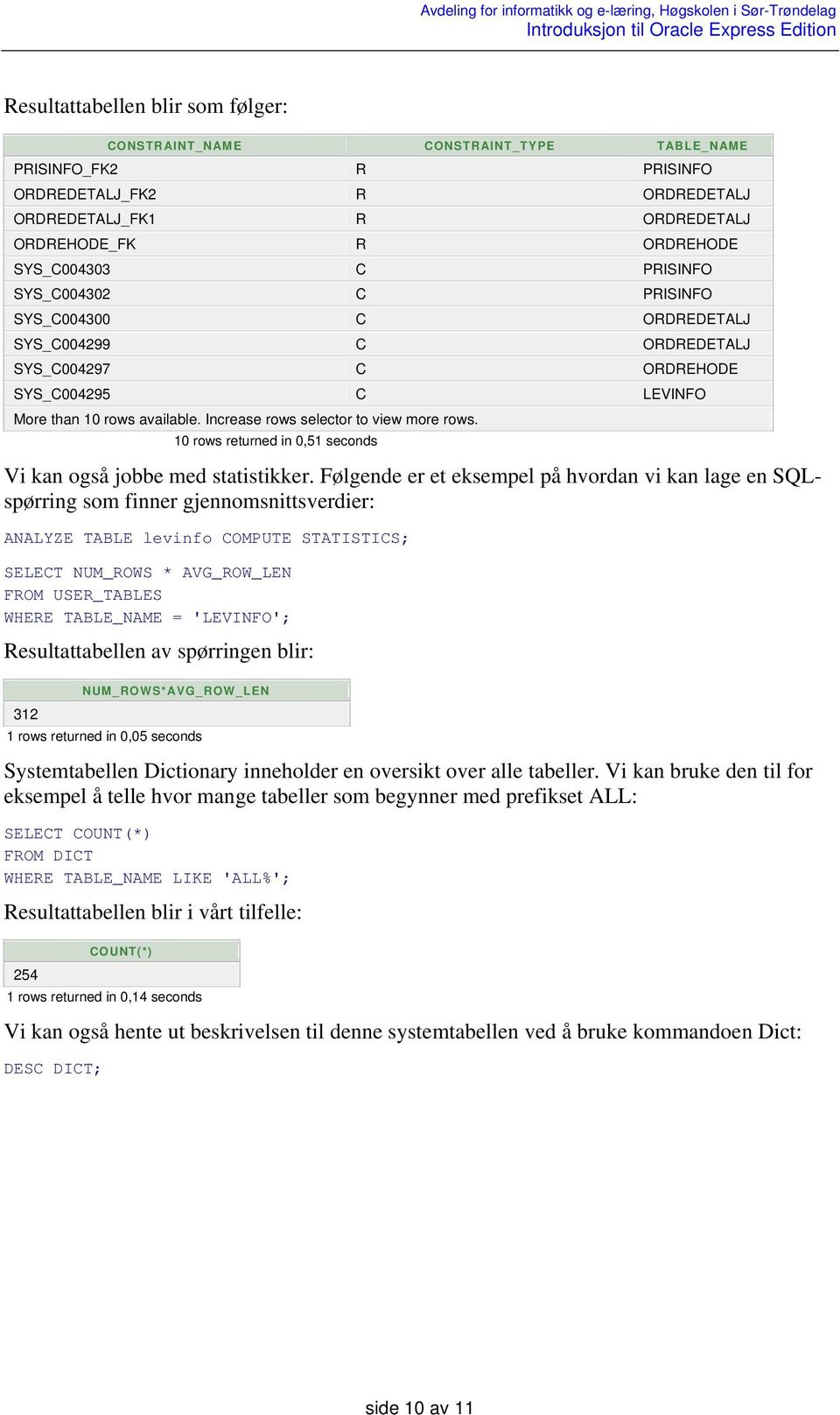 10 rows returned in 0,51 seconds Vi kan også jobbe med statistikker.