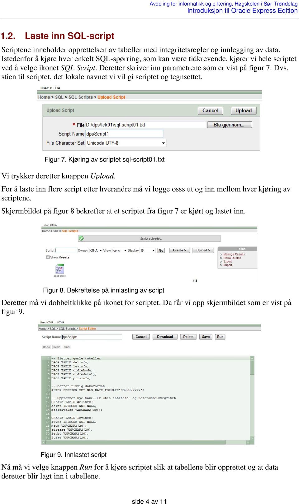 stien til scriptet, det lokale navnet vi vil gi scriptet og tegnsettet. Figur 7. Kjøring av scriptet sql-script01.txt Vi trykker deretter knappen Upload.