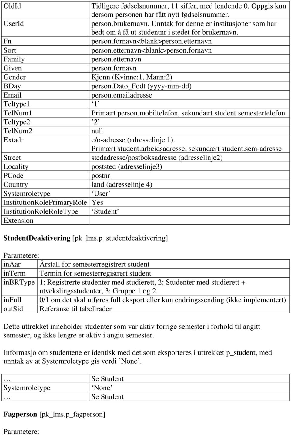 etternavn Given person.fornavn Gender Kjonn (Kvinne:1, Mann:2) BDay person.dato_fodt (yyyy-mm-dd) person.emailadresse Teltype1 1 TelNum1 Primært person.mobiltelefon, sekundært student.semestertelefon.