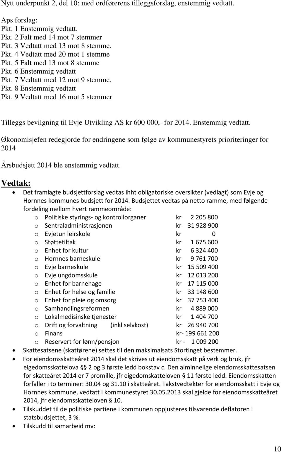 9 Vedtatt med 16 mot 5 stemmer Tilleggs bevilgning til Evje Utvikling AS kr 600 000,- for 2014. Enstemmig vedtatt.