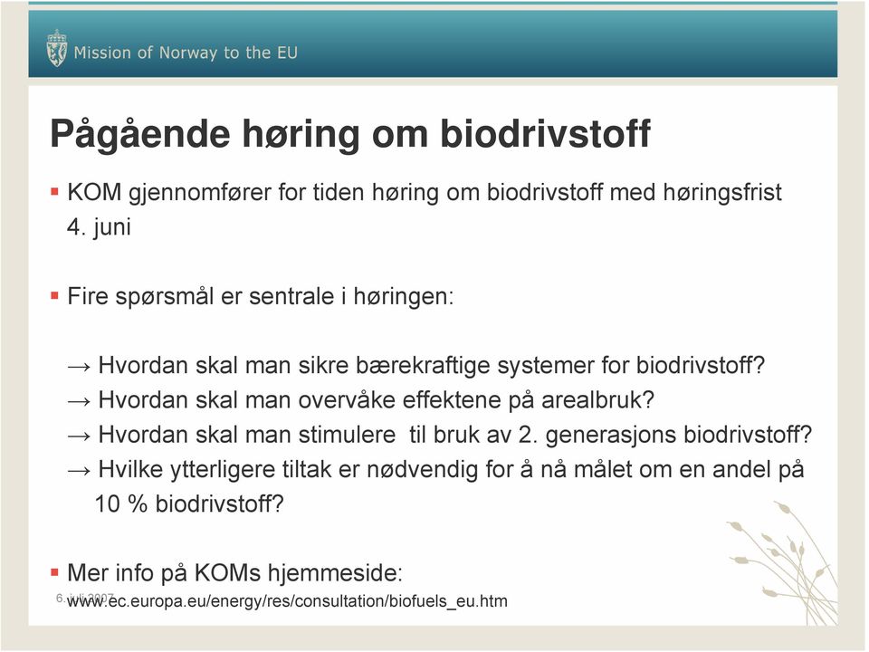 Hvordan skal man overvåke effektene på arealbruk? Hvordan skal man stimulere til bruk av 2. generasjons biodrivstoff?