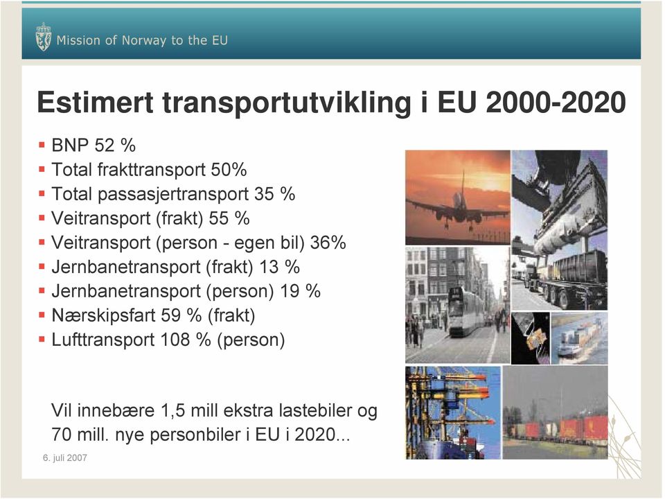 Jernbanetransport (frakt) 13 % Jernbanetransport (person) 19 % Nærskipsfart 59 % (frakt)