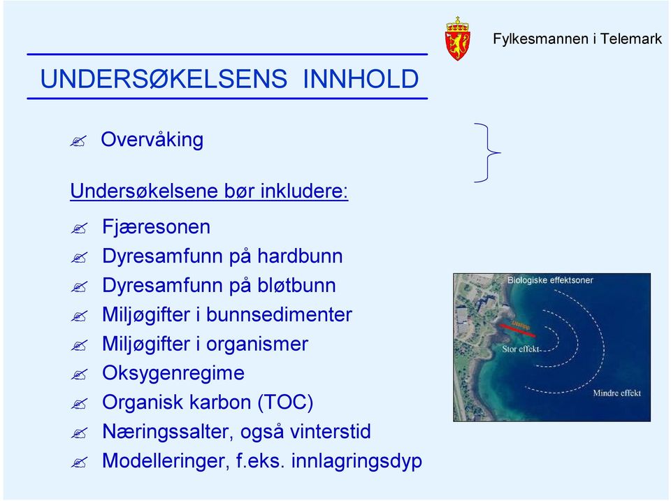 Miljøgifter i bunnsedimenter Miljøgifter i organismer Oksygenregime