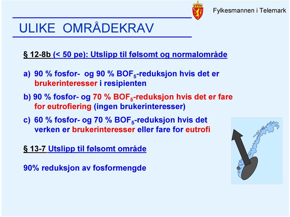 hvis det er fare for eutrofiering (ingen brukerinteresser) c) 60 % fosfor- og 70 % BOF 5 -reduksjon hvis det