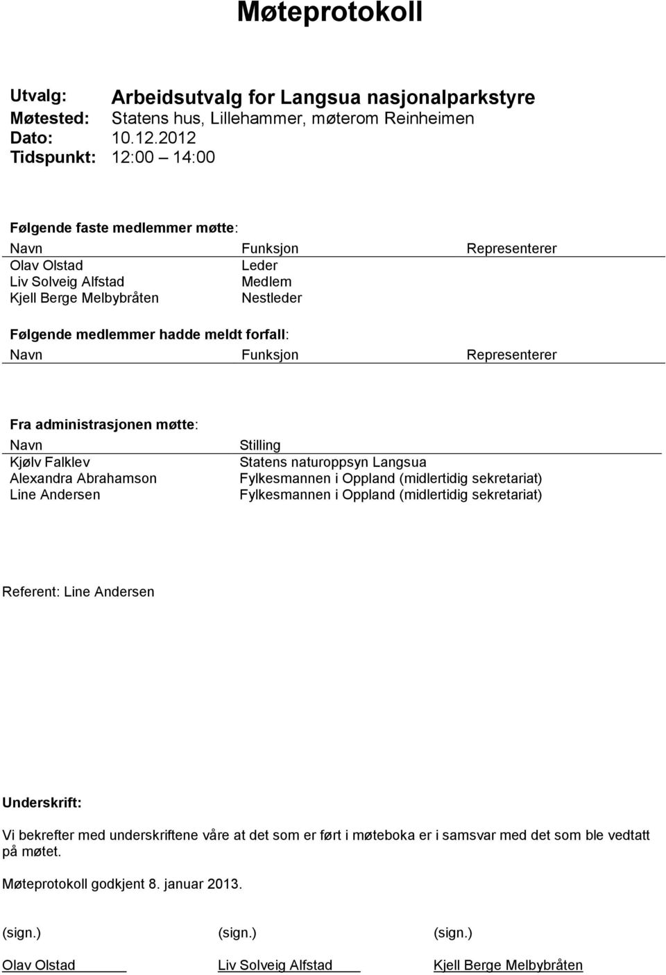 forfall: Navn Funksjon Representerer Fra administrasjonen møtte: Navn Kjølv Falklev Alexandra Abrahamson Line Andersen Stilling Statens naturoppsyn Langsua Fylkesmannen i Oppland (midlertidig