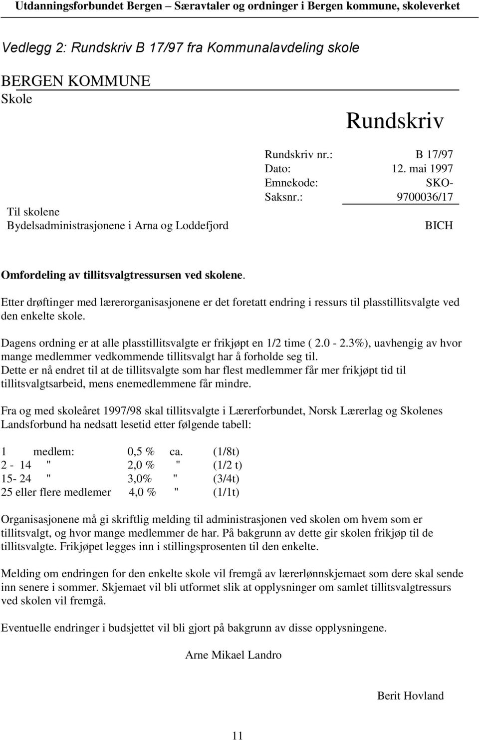 Etter drøftinger med lærerorganisasjonene er det foretatt endring i ressurs til plasstillitsvalgte ved den enkelte skole. Dagens ordning er at alle plasstillitsvalgte er frikjøpt en 1/2 time ( 2.0-2.