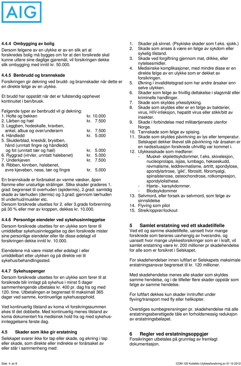 Et brudd har oppstått når det er fullstendig opphevet kontinuitet i ben/brusk. Følgende typer av benbrudd vil gi dekning: 1. Hofte og bekken kr. 10.000 2. Lårben og hæl kr. 7.500 3.