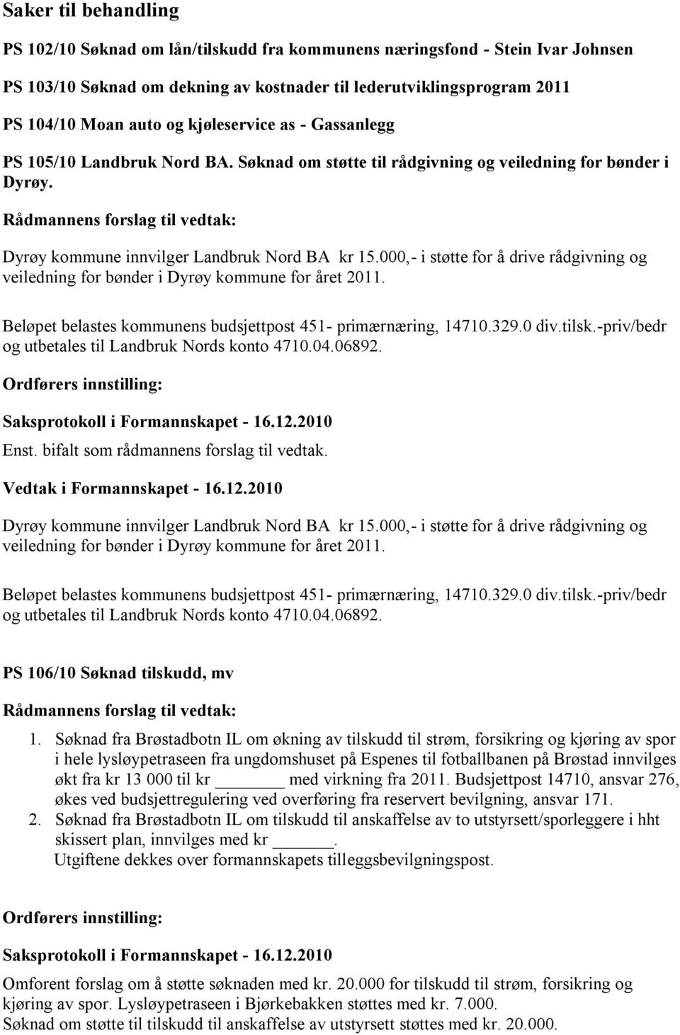 000,- i støtte for å drive rådgivning og veiledning for bønder i Dyrøy kommune for året 2011. Beløpet belastes kommunens budsjettpost 451- primærnæring, 14710.329.0 div.tilsk.