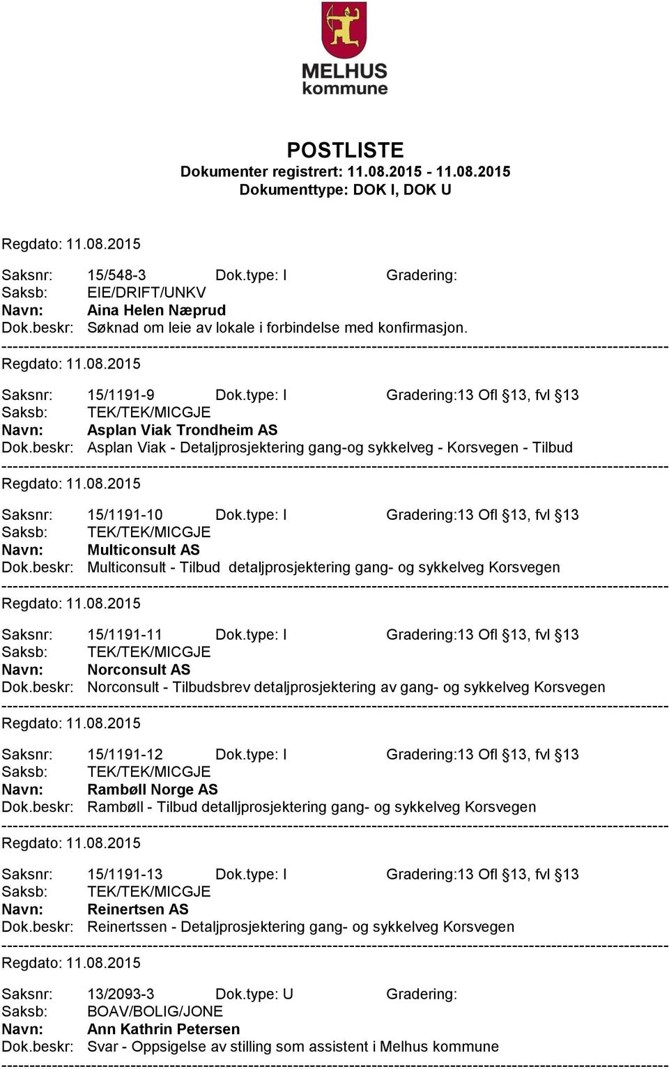 type: I Gradering:13 Ofl 13, fvl 13 Navn: Multiconsult AS Dok.beskr: Multiconsult - Tilbud detaljprosjektering gang- og sykkelveg Korsvegen Saksnr: 15/1191-11 Dok.