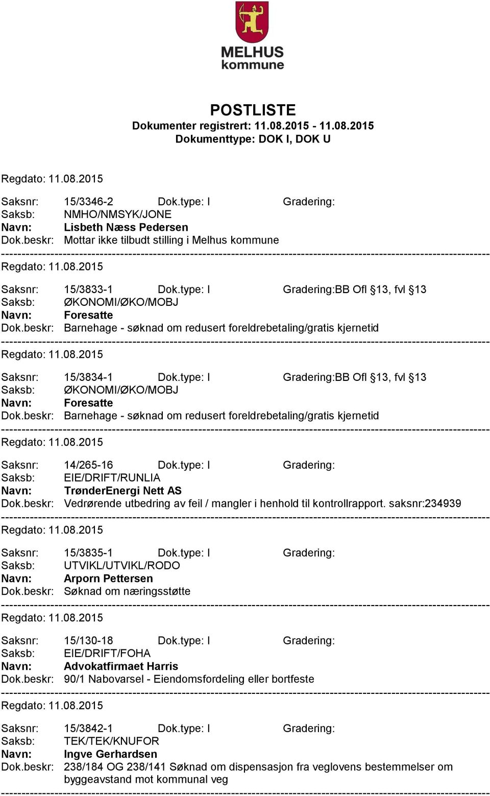 type: I Gradering:BB Ofl 13, fvl 13 Saksb: ØKONOMI/ØKO/MOBJ Navn: Foresatte Dok.beskr: Barnehage - søknad om redusert foreldrebetaling/gratis kjernetid Saksnr: 14/265-16 Dok.