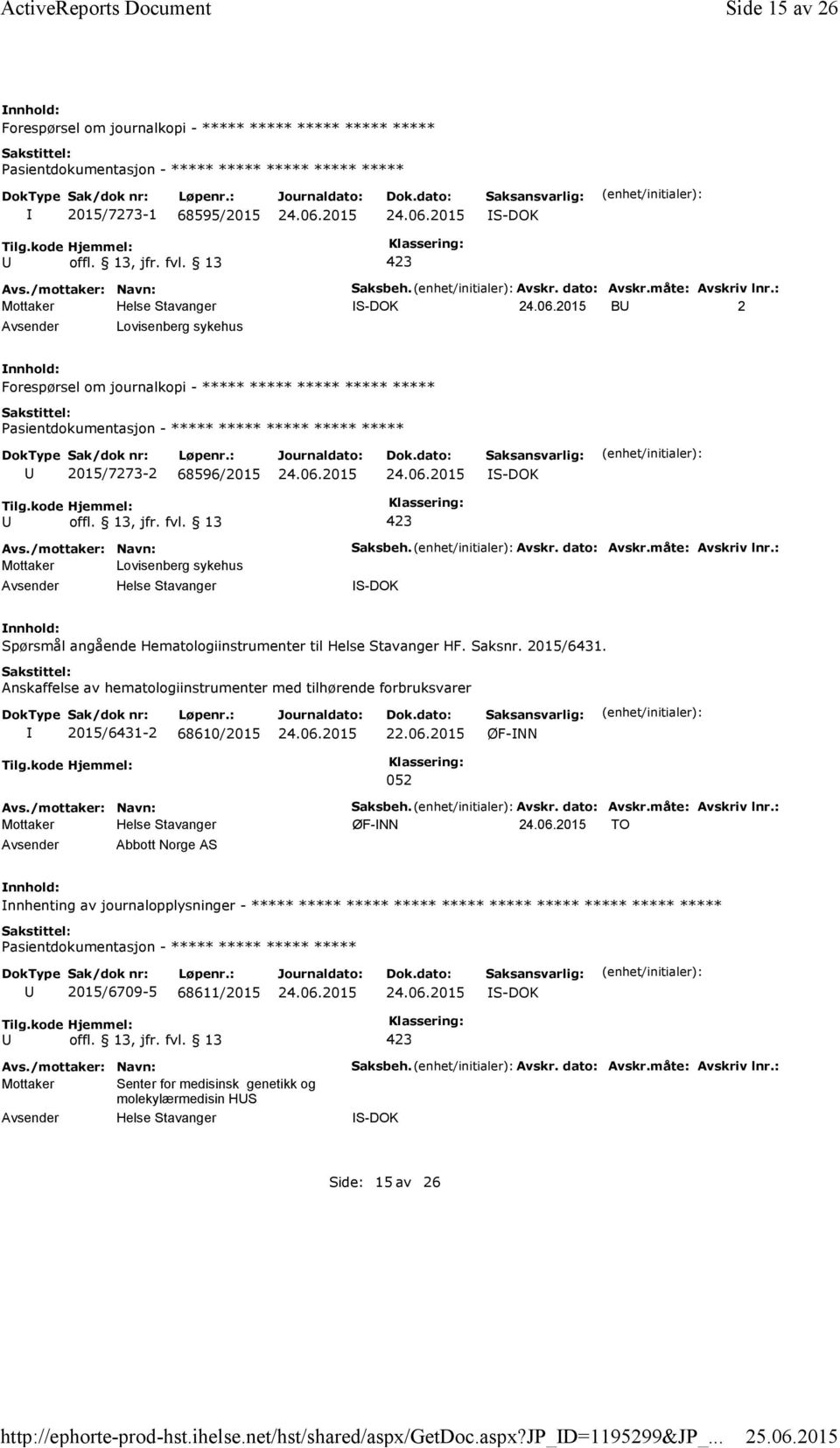 måte: Avskriv lnr.: Spørsmål angående Hematologiinstrumenter til Helse Stavanger HF. Saksnr. 2015/6431. Anskaffelse av hematologiinstrumenter med tilhørende forbruksvarer 2015/6431-2 68610/2015 22.06.