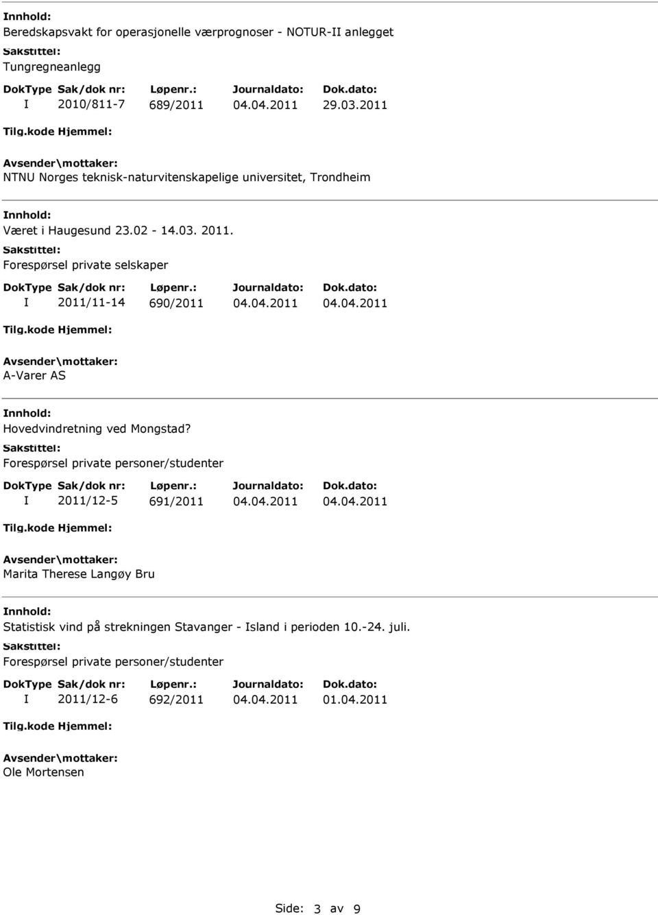 Forespørsel private selskaper 2011/11-14 690/2011 A-Varer AS Hovedvindretning ved Mongstad?