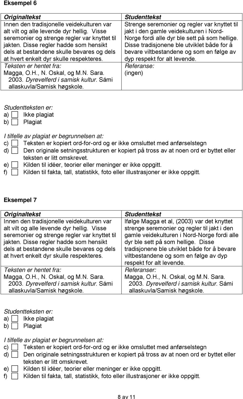 (ingen) Eksempel 7 Ifølge Magga et al, (2003) var det knyttet strenge seremonier og regler til jakt i den gamle veidekulturen i Nord-Norge