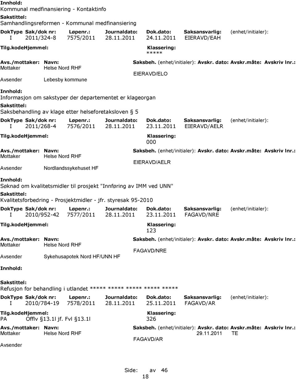 28.11.2011 24.11.2011 EIERAVD/EAH Lebesby kommune ***** EIERAVD/ELO Informasjon om sakstyper der departementet er klageorgan Saksbehandling av klage etter helseforetaksloven 5 I 2011/268-4 7576/2011 28.