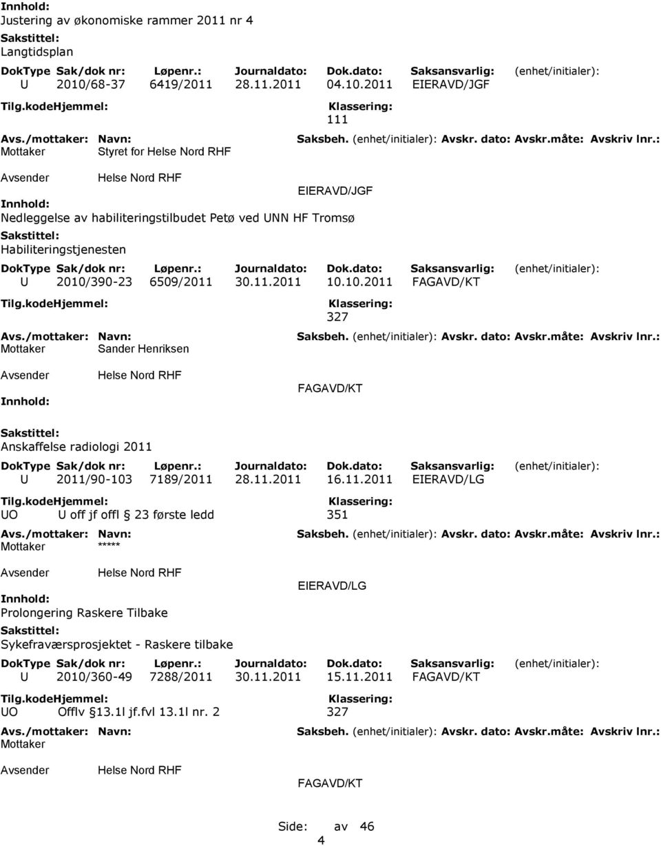 2011 EIERAVD/JGF Styret for 111 EIERAVD/JGF Nedleggelse av habiliteringstilbudet Petø ved UNN HF Tromsø Habiliteringstjenesten U 2010/390-23 6509/2011 30.
