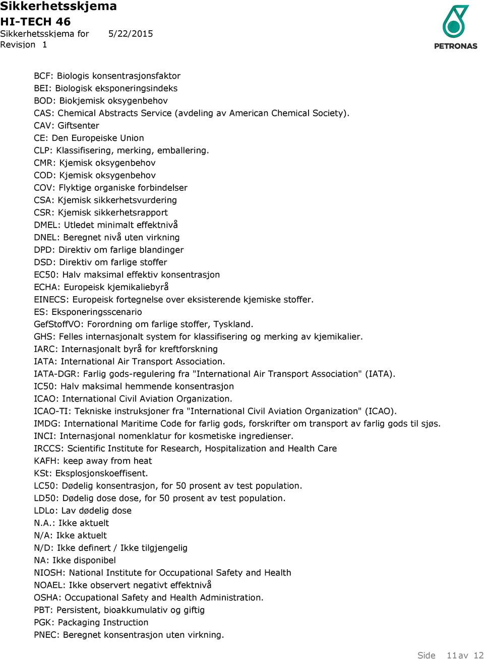 CMR: Kjemisk oksygenbehov COD: Kjemisk oksygenbehov COV: Flyktige organiske forbindelser CSA: Kjemisk sikkerhetsvurdering CSR: Kjemisk sikkerhetsrapport DMEL: Utledet minimalt effektnivå DNEL: