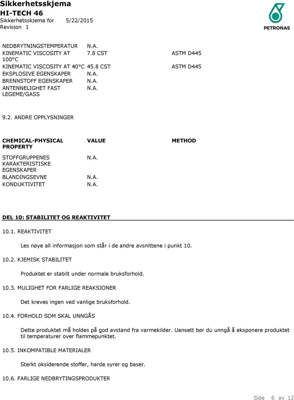 : STABILITET OG REAKTIVITET 10.1. REAKTIVITET Les nøye all informasjon som står i de andre avsnittene i punkt 10. 10.2. KJEMISK STABILITET Produktet er stabilt under normale bruksforhold. 10.3.