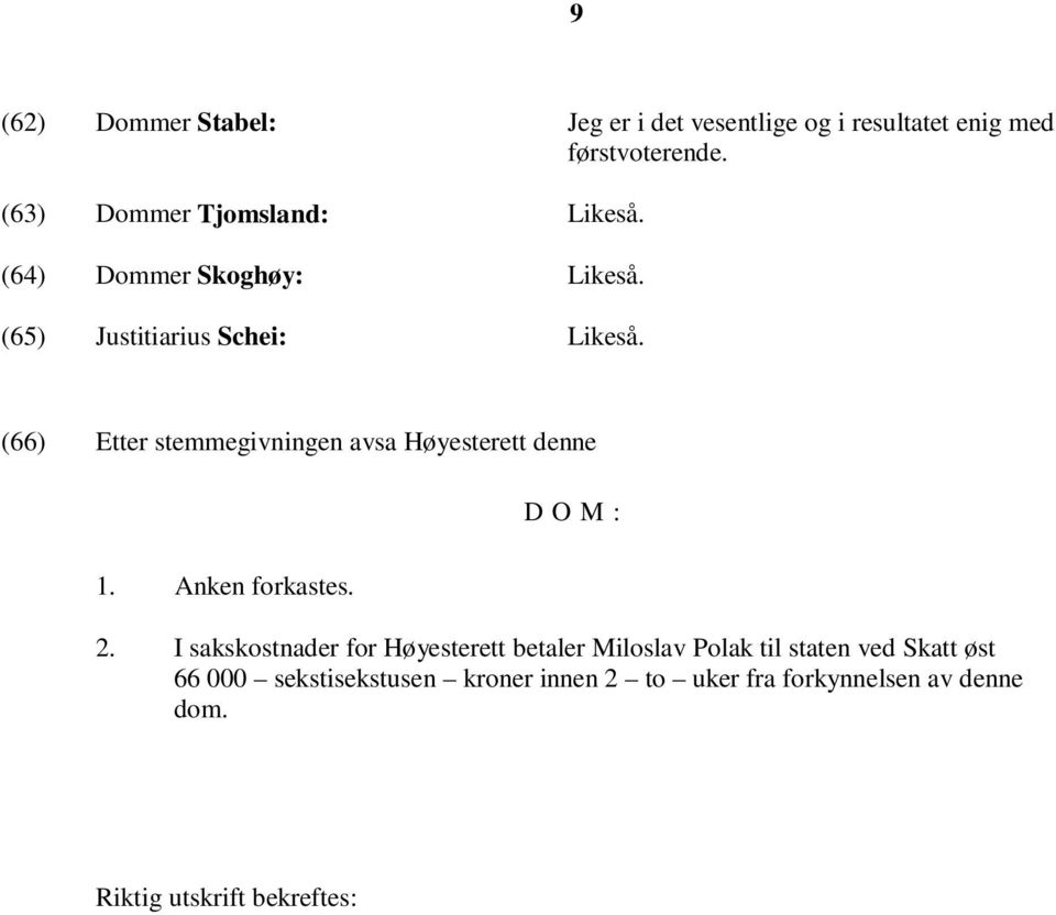 (66) Etter stemmegivningen avsa Høyesterett denne D O M : 1. Anken forkastes. 2.