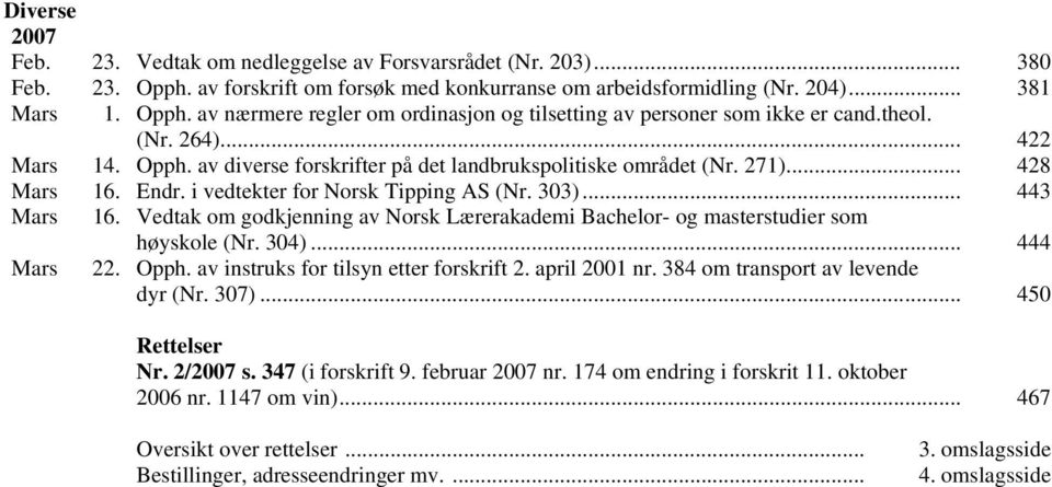 Vedtak om godkjenning av Norsk Lærerakademi Bachelor- og masterstudier som høyskole (Nr. 304)... 444 Mars 22. Opph. av instruks for tilsyn etter forskrift 2. april 2001 nr.