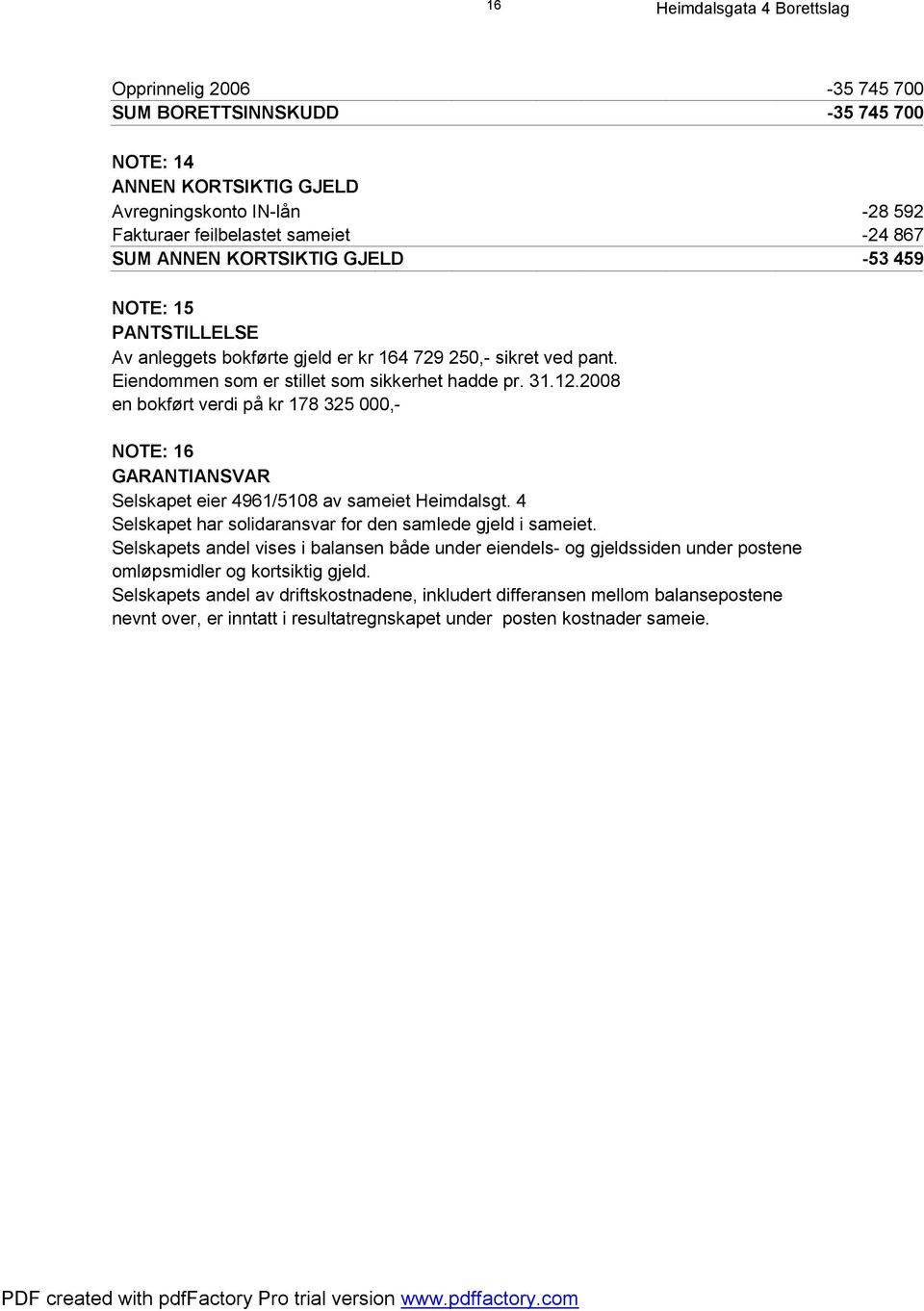2008 en bokført verdi på kr 178 325 000,- NOTE: 16 GARANTIANSVAR Selskapet eier 4961/5108 av sameiet Heimdalsgt. 4 Selskapet har solidaransvar for den samlede gjeld i sameiet.