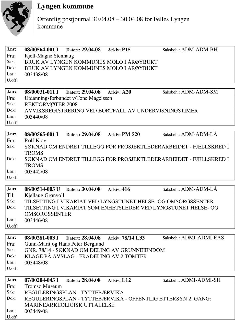 : ADM-ADM-SM Fra: Utdanningsforbundet v/tone Magelssen Sak: REKTORMØTER 2008 Dok: AVVIKSREGISTRERING VED BORTFALL AV UNDERVISNINGSTIMER Lnr.: 003440/08 J.nr: 08/00565-001 I Datert: 29.04.