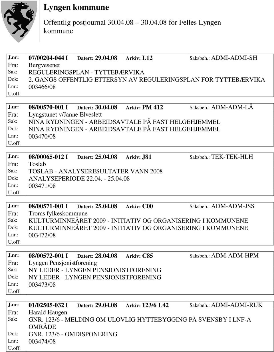 : ADM-ADM-LÅ Fra: Lyngstunet v/janne Elveslett Sak: NINA RYDNINGEN - ARBEIDSAVTALE PÅ FAST HELGEHJEMMEL Dok: NINA RYDNINGEN - ARBEIDSAVTALE PÅ FAST HELGEHJEMMEL Lnr.: 003470/08 J.