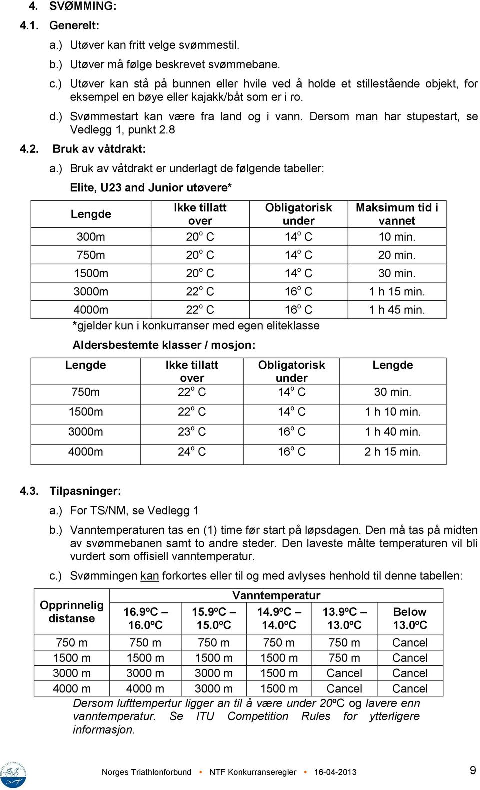 Dersom man har stupestart, se Vedlegg 1, punkt 2.8 4.2. Bruk av våtdrakt: a.