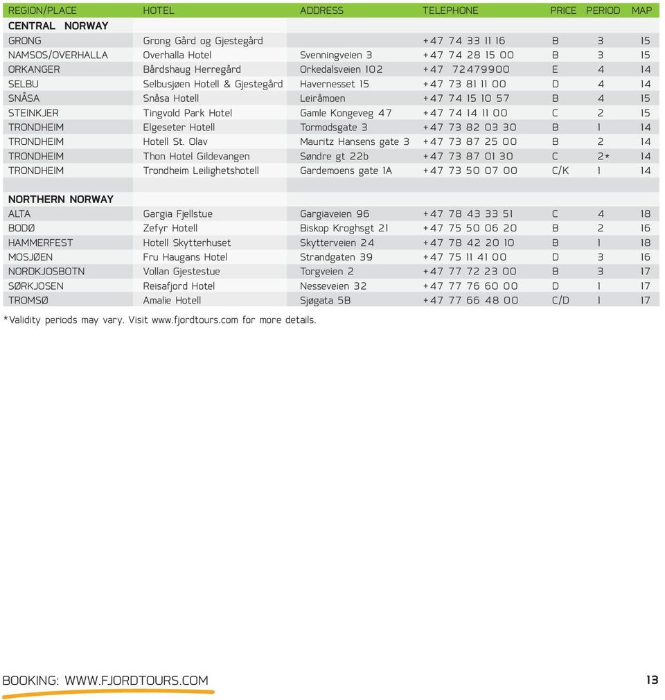 steinkjer tingvold park Hotel gamle kongeveg 47 +47 74 14 11 00 c 2 15 trondheim elgeseter Hotell tormodsgate 3 +47 73 82 03 30 B 1 14 trondheim Hotell st.