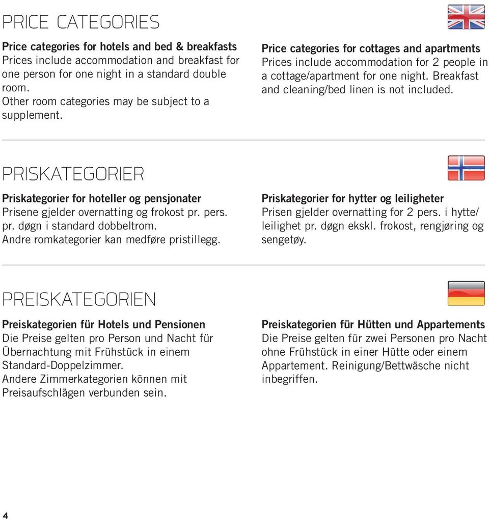 Andre romkategorier kan medføre pristillegg. Price categories for cottages and apartments Prices include accommodation for 2 people in a cottage/apartment for one night.