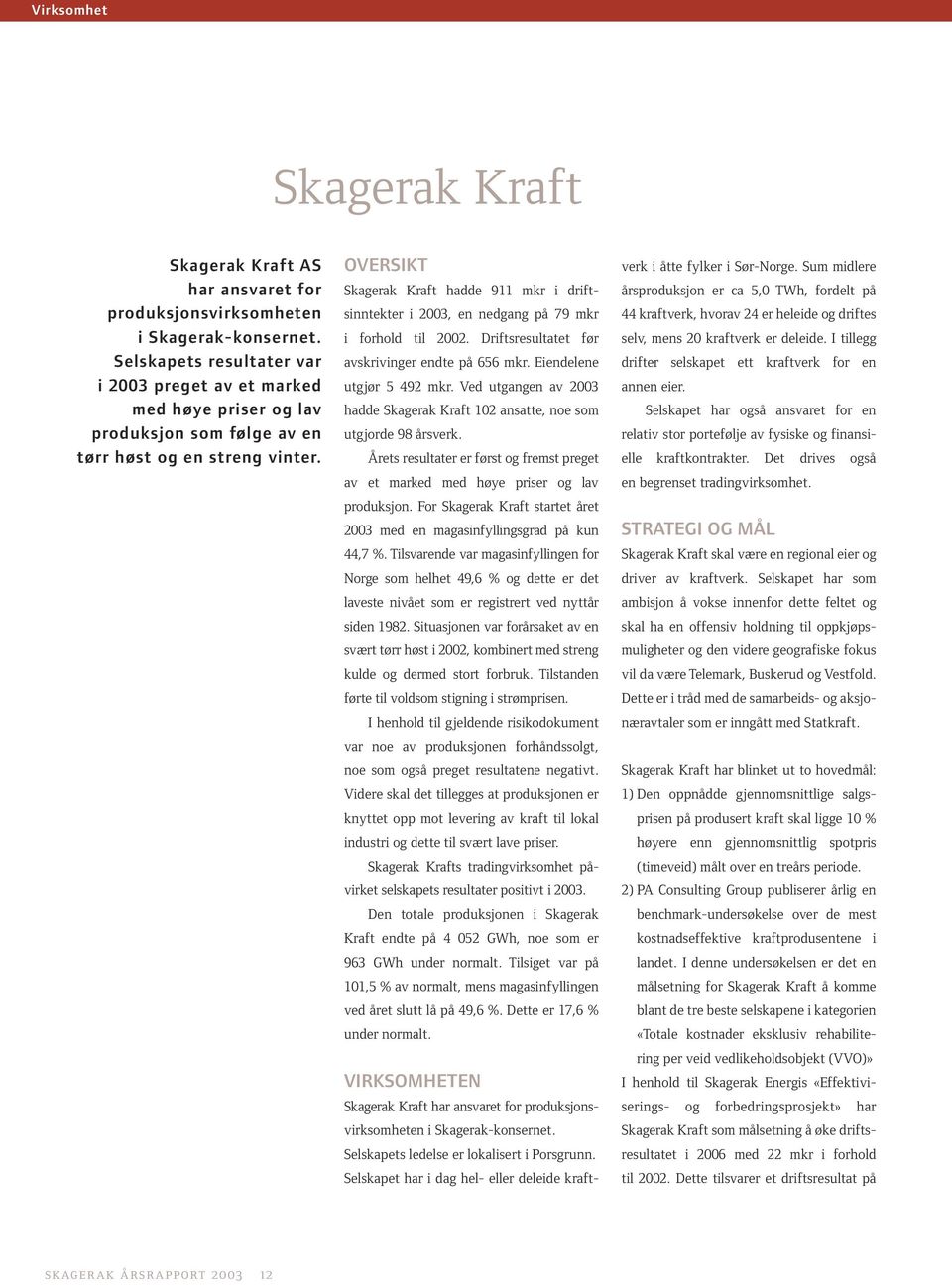 OVERSIKT Skagerak Kraft hadde 911 mkr i driftsinntekter i 2003, en nedgang på 79 mkr i forhold til 2002. Driftsresultatet før avskrivinger endte på 656 mkr. Eiendelene utgjør 5 492 mkr.