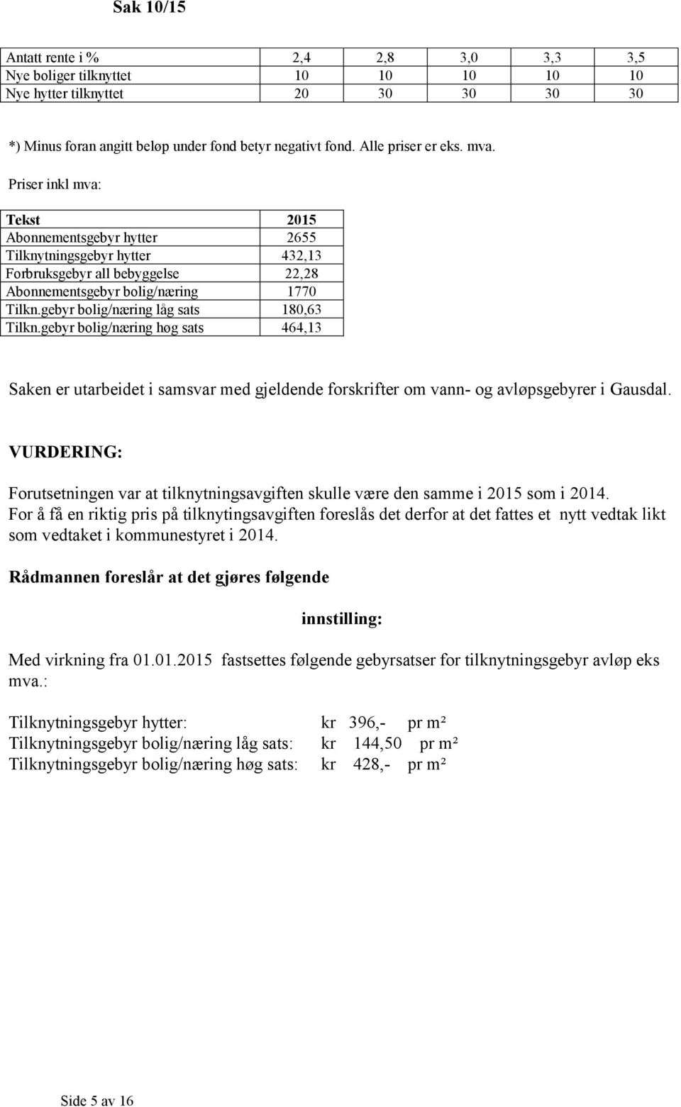 gebyr bolig/næring låg sats 180,63 Tilkn.gebyr bolig/næring høg sats 464,13 Saken er utarbeidet i samsvar med gjeldende forskrifter om vann- og avløpsgebyrer i Gausdal.