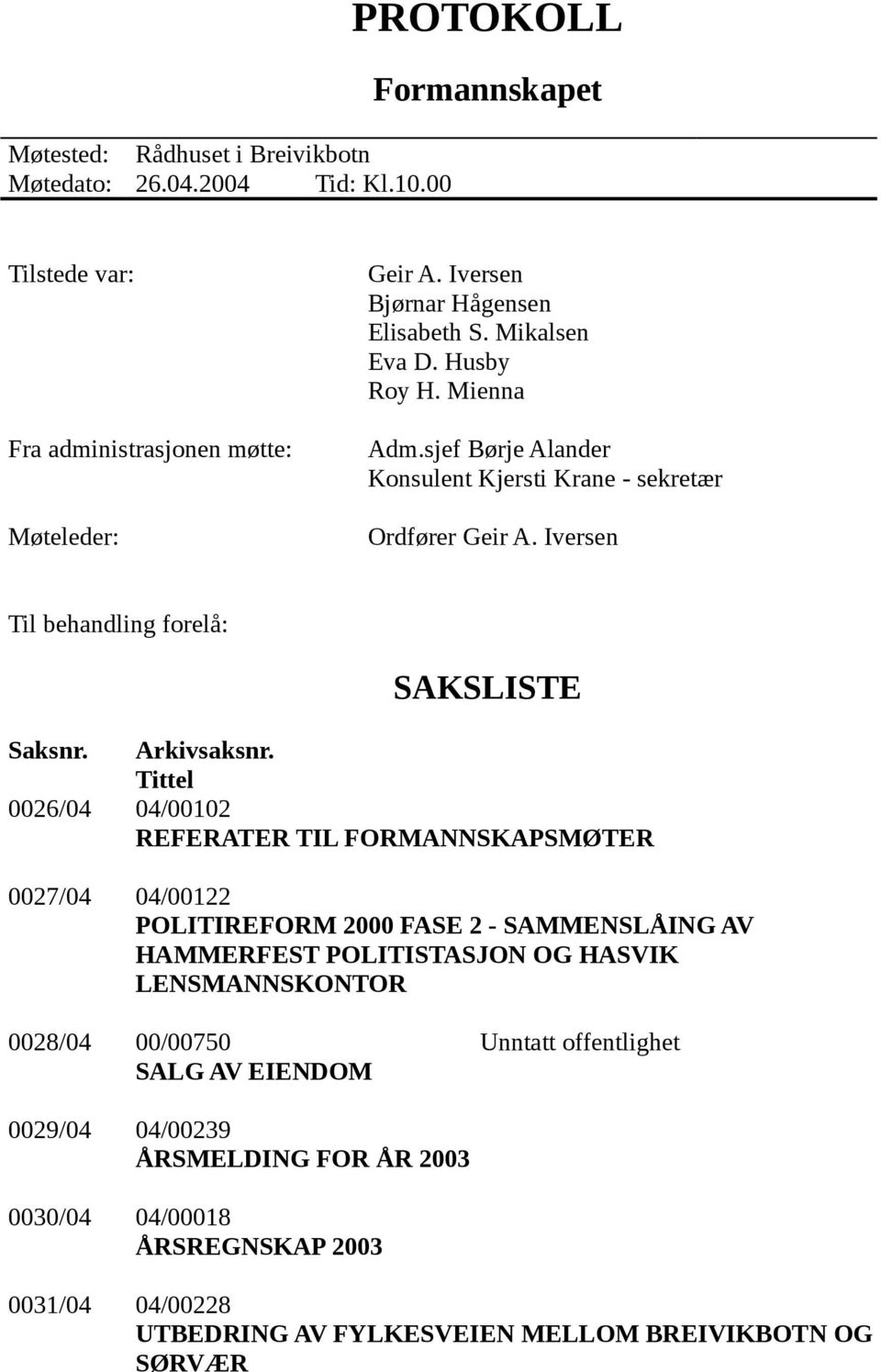 Iversen Til behandling forelå: SAKSLISTE Saksnr. Arkivsaksnr.