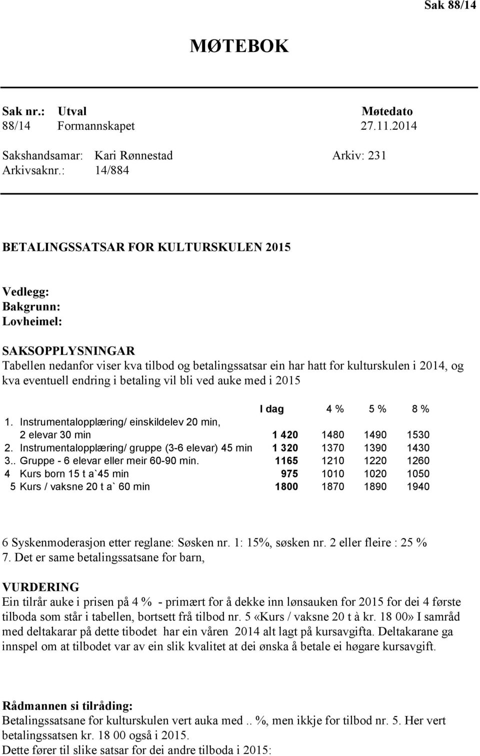 eventuell endring i betaling vil bli ved auke med i 2015 I dag 4 % 5 % 8 % 1. Instrumentalopplæring/ einskildelev 20 min, 2 elevar 30 min 1 420 1480 1490 1530 2.