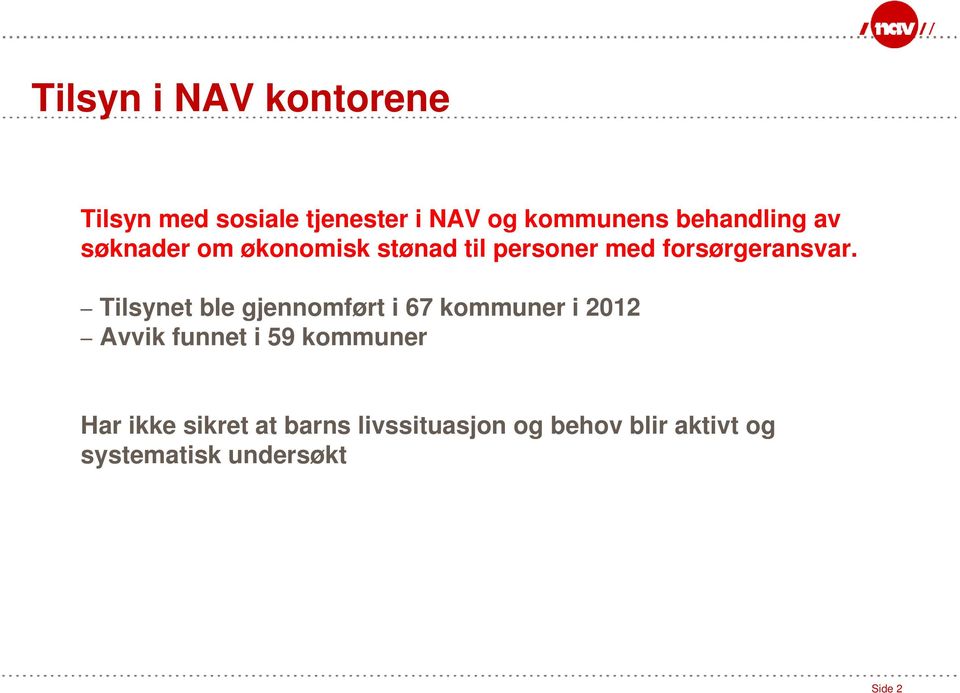 Tilsynet ble gjennomført i 67 kommuner i 2012 Avvik funnet i 59 kommuner Har