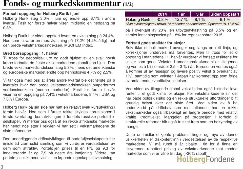 Holberg Rurik har siden oppstart levert en avkastning på 24,4%. på i overkant av 20%, en utbytteavkastning på 3,5% og en samlet inntjeningsvekst på 18% for regnskapsåret 2015.