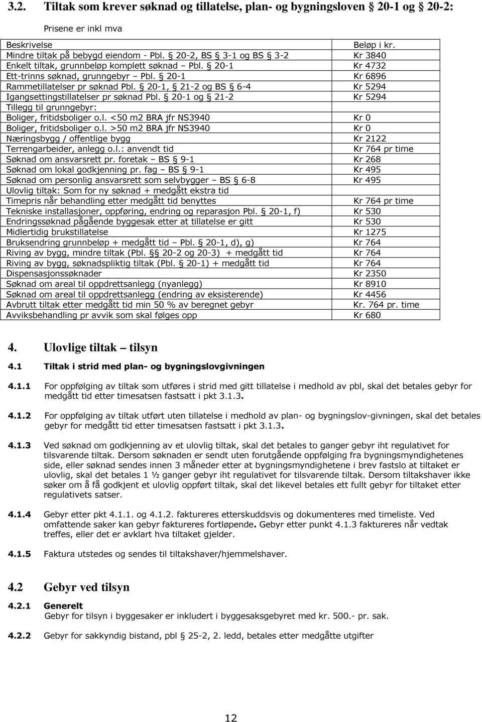 20-1, 21-2 og BS 6-4 Kr 5294 Igangsettingstillatelser pr søknad Pbl. 20-1 og 21-2 Kr 5294 Tillegg til grunngebyr: Boliger, fritidsboliger o.l. <50 m2 BRA jfr NS3940 Kr 0 Boliger, fritidsboliger o.l. >50 m2 BRA jfr NS3940 Kr 0 Næringsbygg / offentlige bygg Kr 2122 Terrengarbeider, anlegg o.