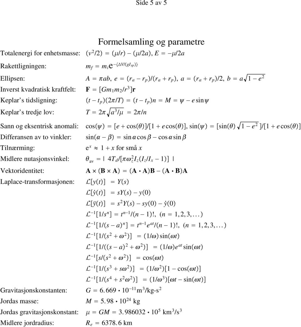 Differansen av to vinkler: sin sin cos cos sin Tilnærming: e x 1 x for små x Midlere nutasjonsvinkel: av 4T d / 2 z I z I z /I x 1 Vektoridentitet: A B A A A B A B A Laplace-transformasjonen: L y t Y