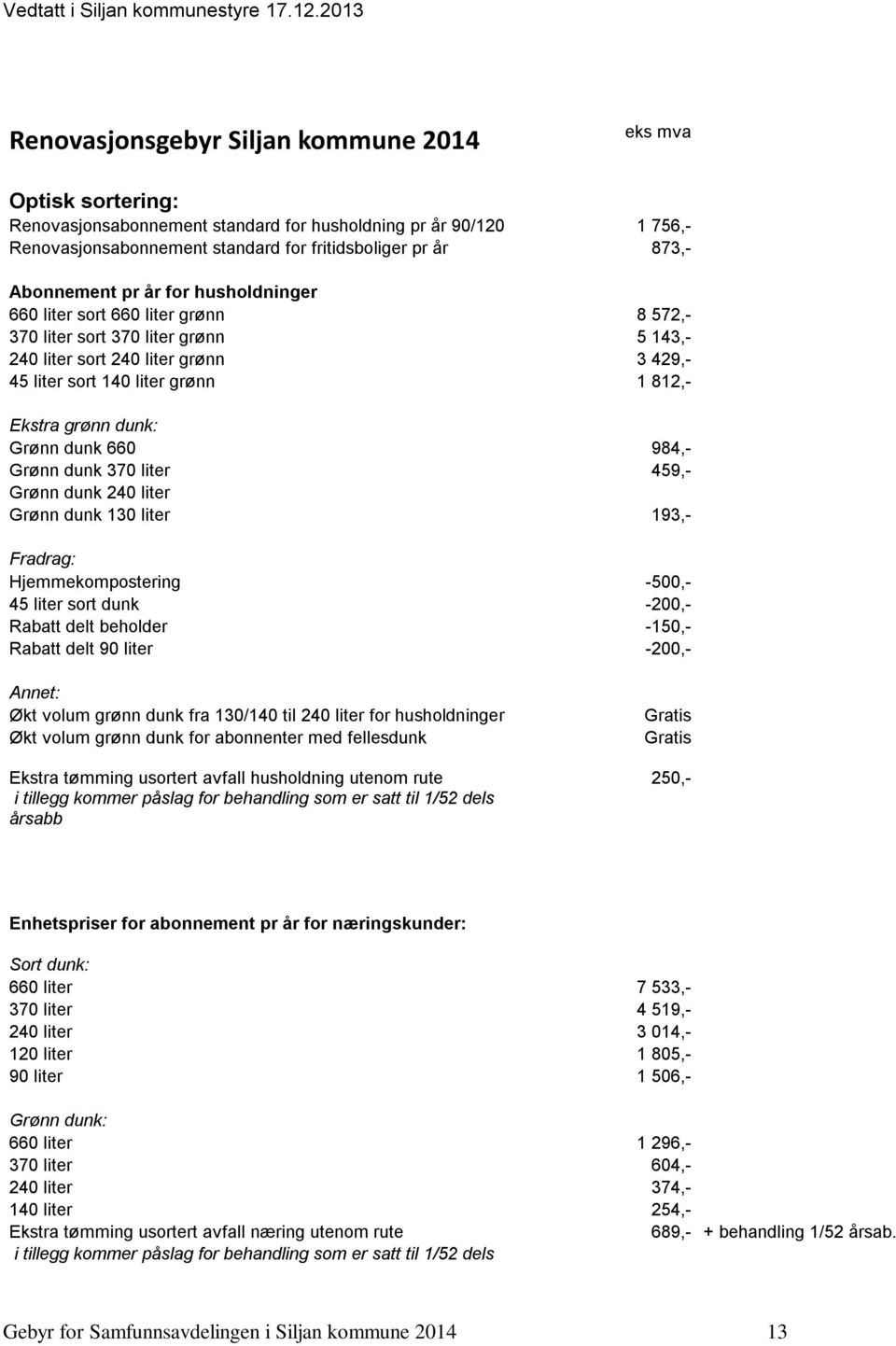 grønn dunk: Grønn dunk 660 984,- Grønn dunk 370 liter 459,- Grønn dunk 240 liter Grønn dunk 130 liter 193,- Fradrag: Hjemmekompostering -500,- 45 liter sort dunk -200,- Rabatt delt beholder -150,-