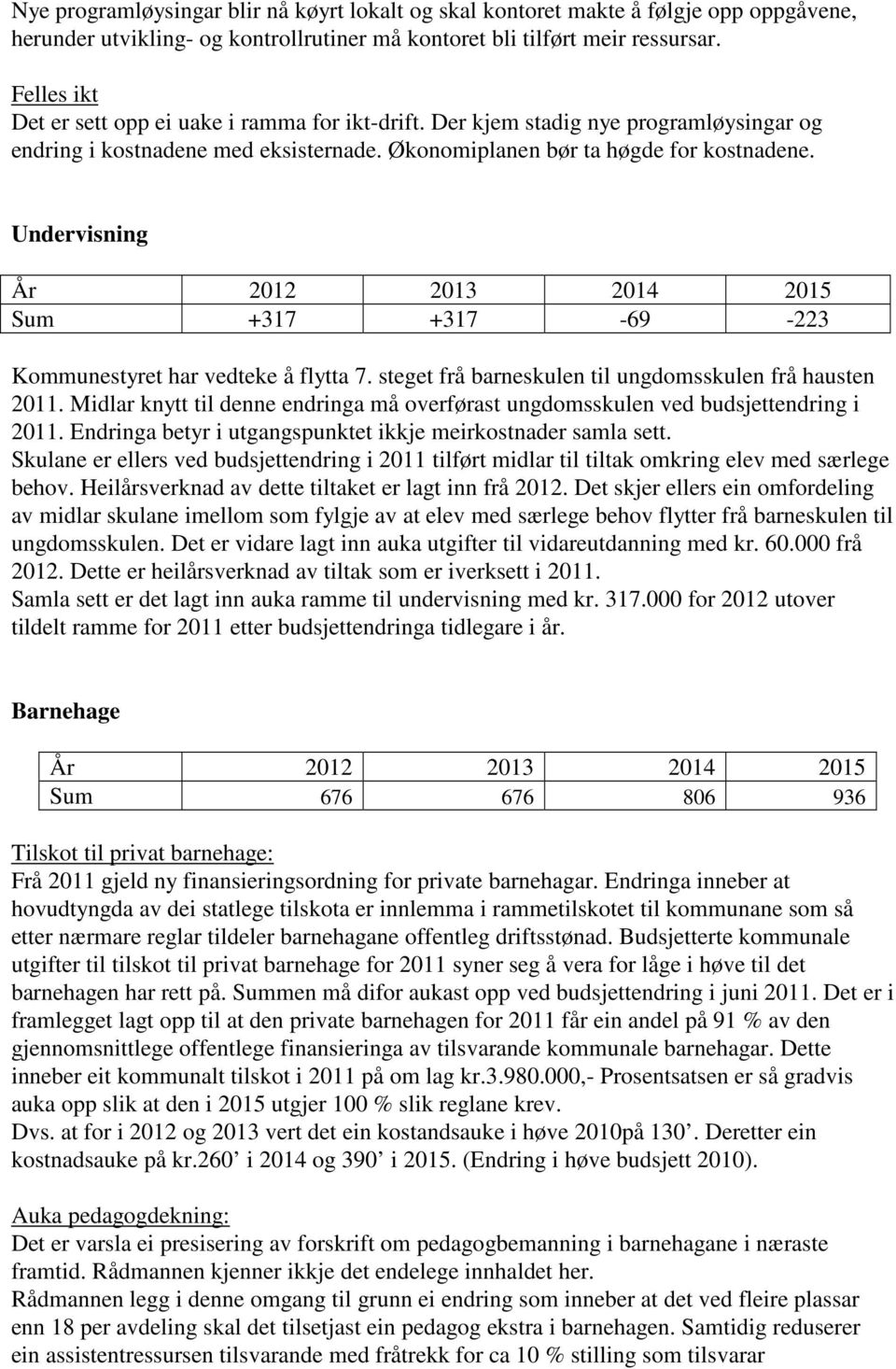 Undervisning År 2012 2013 2014 2015 Sum +317 +317-69 -223 Kommunestyret har vedteke å flytta 7. steget frå barneskulen til ungdomsskulen frå hausten 2011.