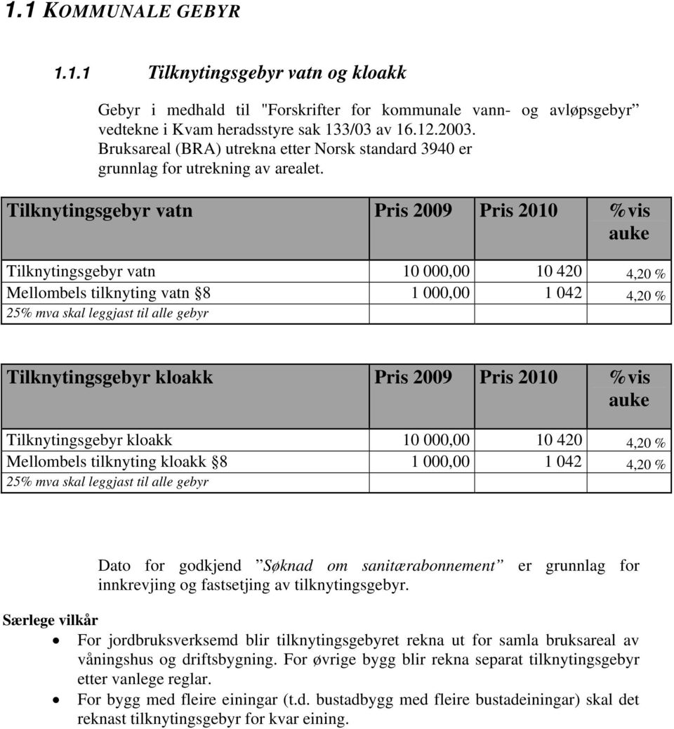 Tilknytingsgebyr vatn %vis auke Tilknytingsgebyr vatn 1, 1 42 4,2 % Mellombels tilknyting vatn 8 1, 1 42 4,2 % 25% mva skal leggjast til alle gebyr Tilknytingsgebyr kloakk %vis auke Tilknytingsgebyr