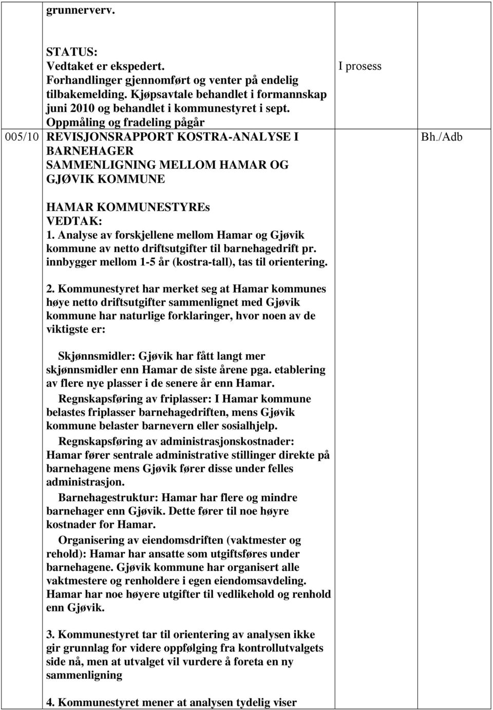 Analyse av forskjellene mellom Hamar og Gjøvik kommune av netto driftsutgifter til barnehagedrift pr. innbygger mellom 1-5 år (kostra-tall), tas til orientering. 2.