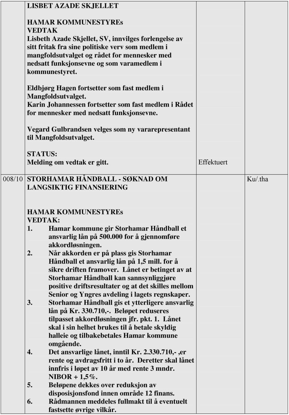 Vegard Gulbrandsen velges som ny vararepresentant til Mangfoldsutvalget. : Melding om vedtak er gitt. 008/10 STORHAMAR HÅNDBALL - SØKNAD OM LANGSIKTIG FINANSIERING Ku/.tha 1.